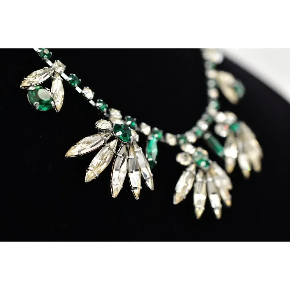 Vintage Crystal Collar Necklace Green Marquise Floral Prong Rhinestone BinBL